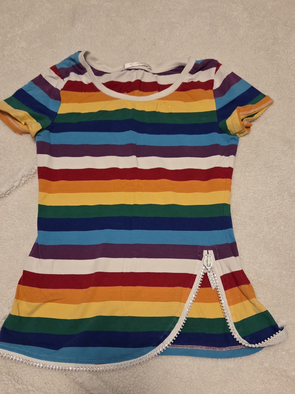 Girls Rainbow Stripe Short Sleeve Dress with Decorative Zipper